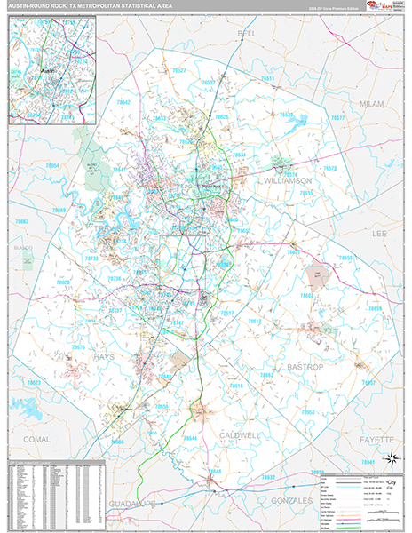 Austin-Round Rock Metro Area Wall Map